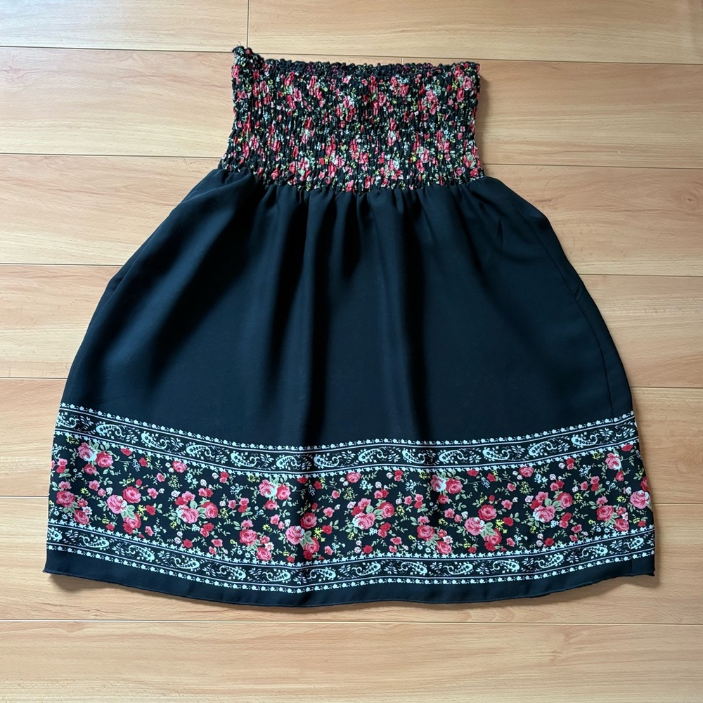 Reversible Floral Smocked Black Strapless Dress, Size Small